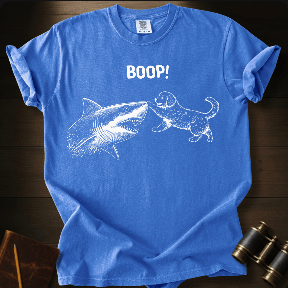 Full Sail Marine Puppy Boop shark graphic Comfort Colors t-shirt in flo blue – puppy booping great white shark nose – front view