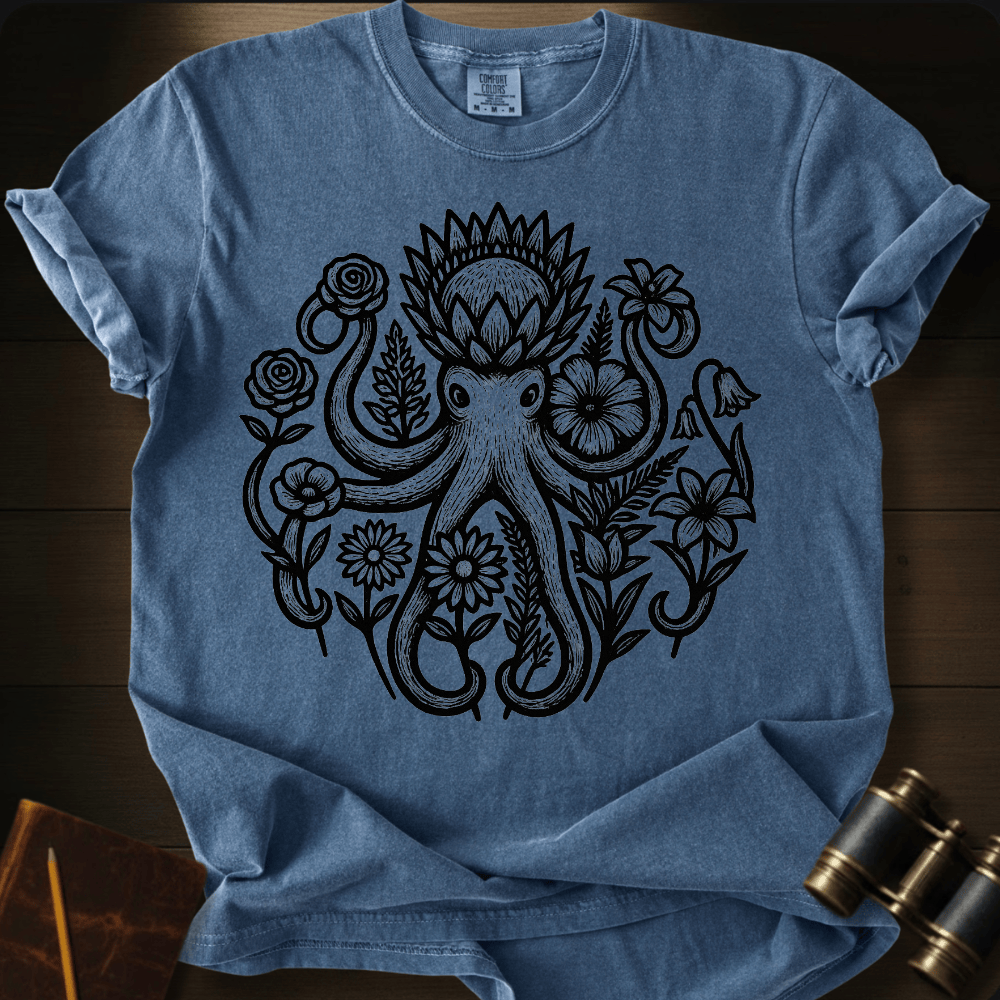 Full Sail Marine Savage Bloom floral octopus graphic Comfort Colors t-shirt in denim – detailed botanical kraken ocean art design – front view