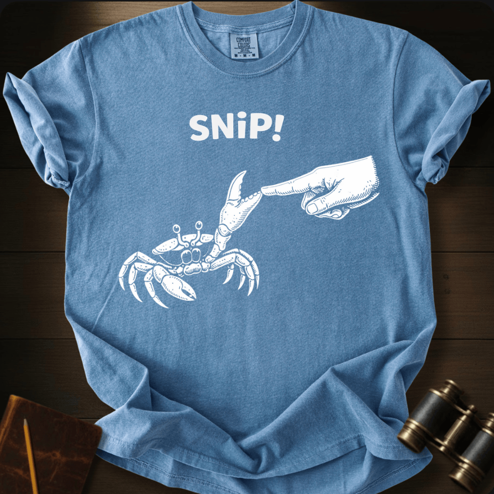 Full Sail Marine Snip! crab and hand graphic Comfort Colors t-shirt in ice blue – white crab claw snipping hand with SNiP text design – front view