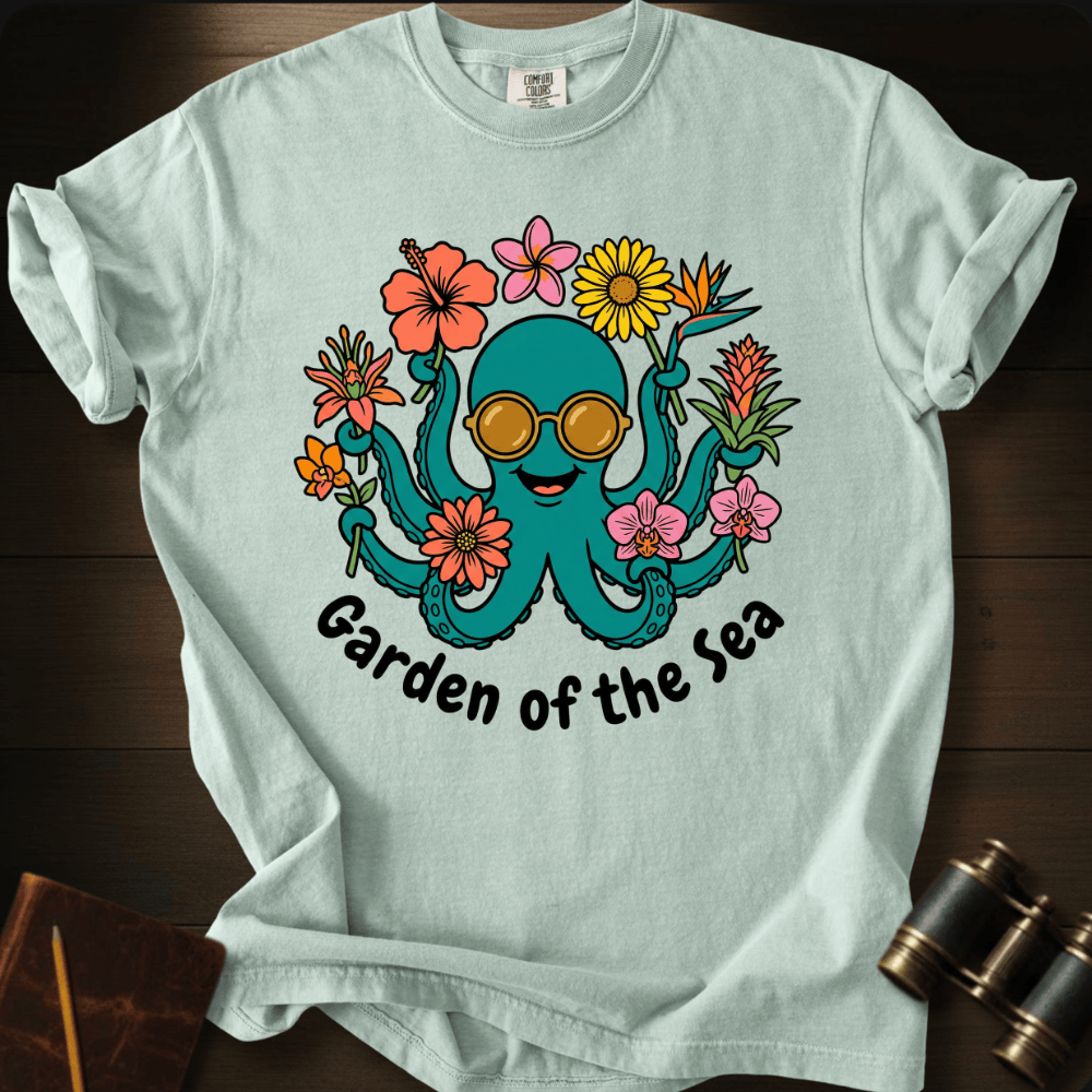 Full Sail Marine Garden of the Sea colorful octopus with sunglasses and flowers graphic Comfort Colors t-shirt in bay – tropical ocean art design – front view