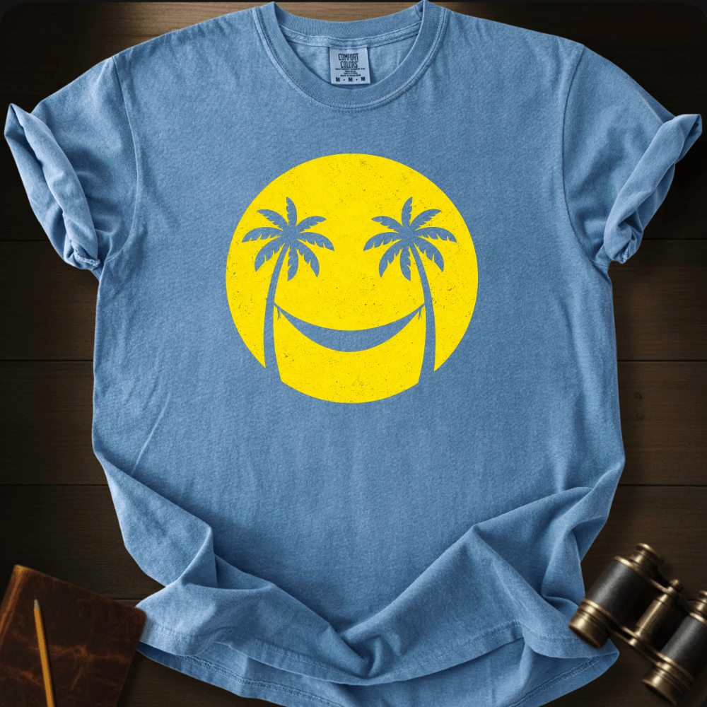 Full Sail Marine Smiley Sun palm tree smiley face graphic Comfort Colors t-shirt in blue jean – happy sunshine tropical design – front view