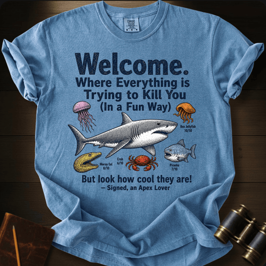 Apex Lover shark graphic on a Comfort Colors t-shirt – Full Sail Marine ocean apparel