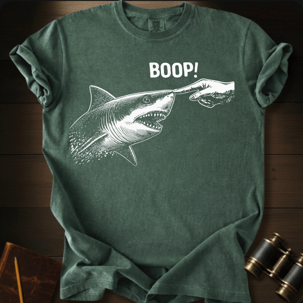 Full Sail Marine Boop! shark booping dolphin nose funny graphic Comfort Colors t-shirt in blue spruce – ocean wildlife humor design – front view