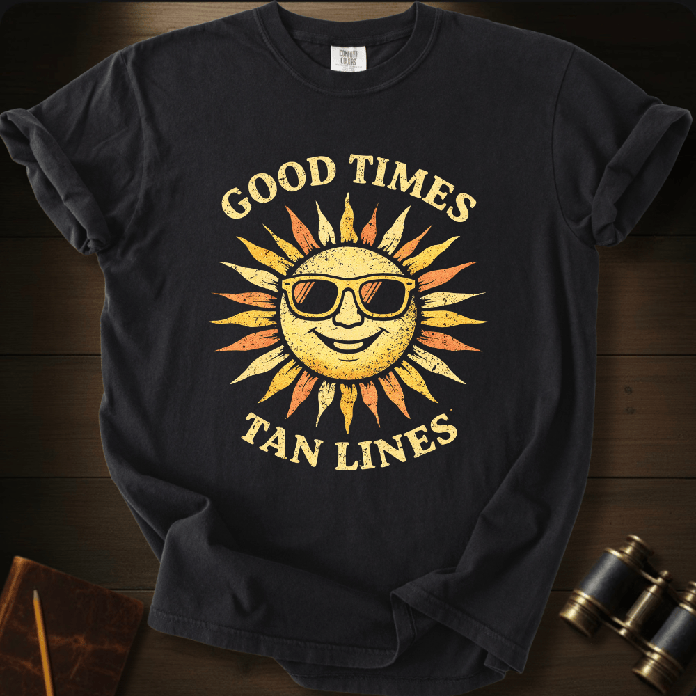 Full Sail Marine Good Times Tan Lines sun with sunglasses graphic Comfort Colors t-shirt in black – retro smiling sun wearing shades with Good Times Tan Lines text design – front view