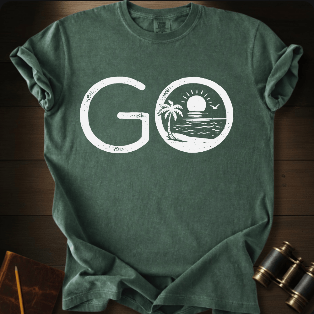 Full Sail Marine Go! tropical beach palm tree graphic Comfort Colors t-shirt in hemp green – GO text with sunset ocean scene – front view
