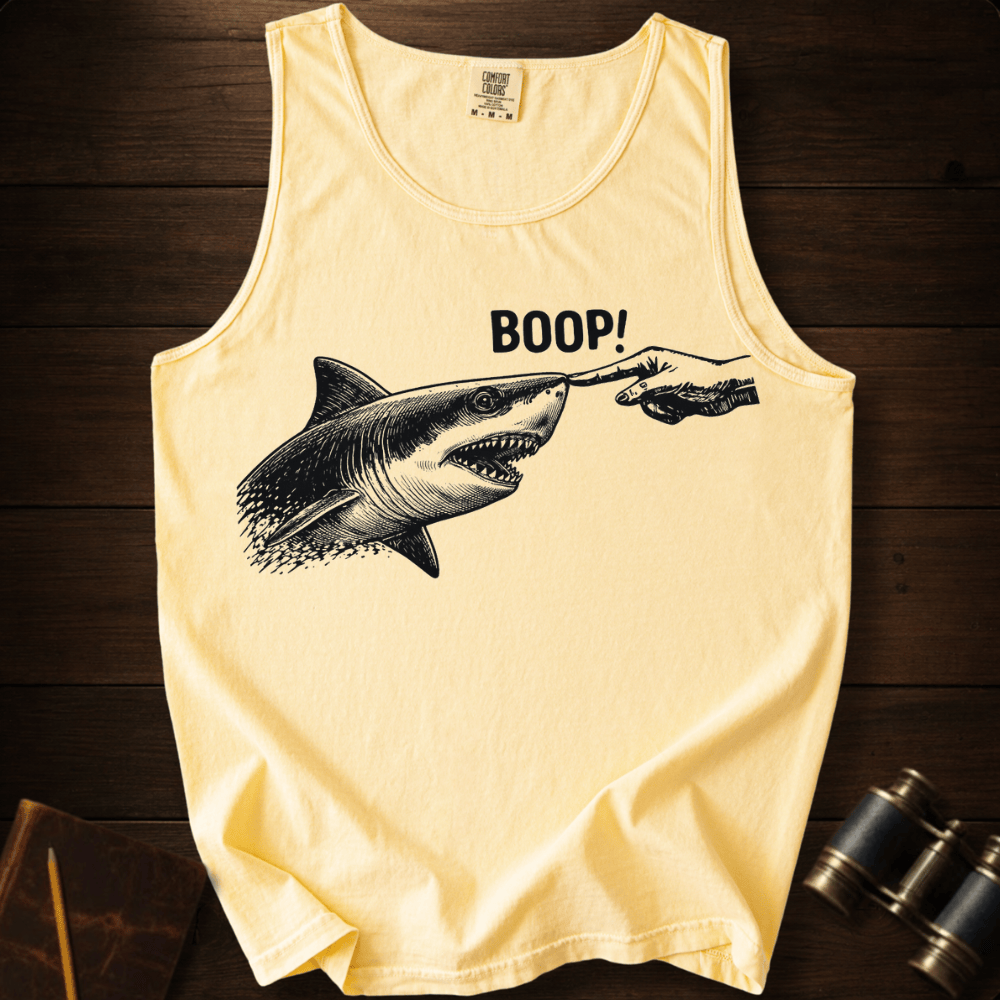 Full Sail Marine Boop shark nose touch graphic Comfort Colors tank top in Banana Cream – great white shark booping finger ocean art funny design – front view