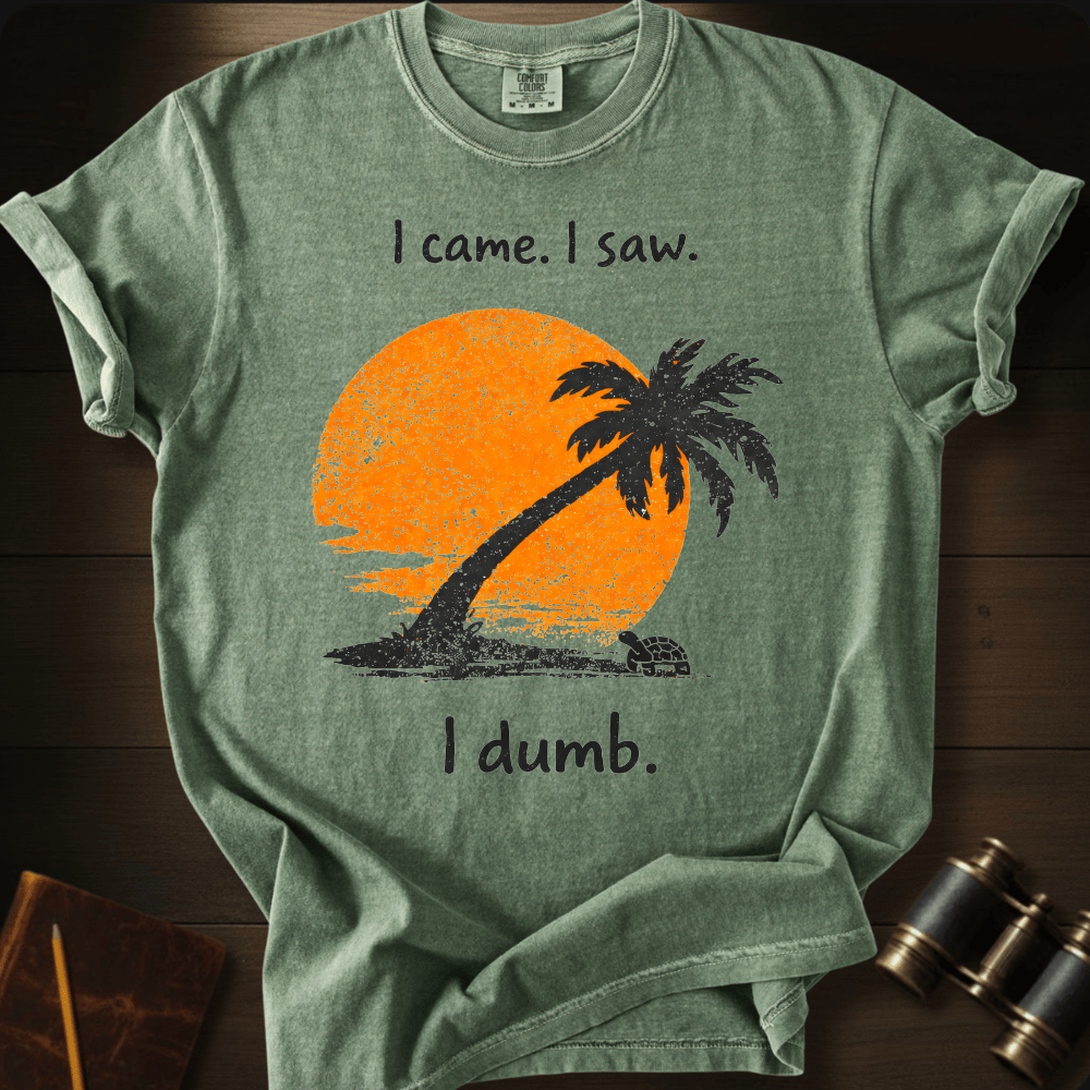 Full Sail Marine I Came I Saw I Dumb sunset palm tree graphic Comfort Colors t-shirt in Moss – orange sun with palm tree silhouette beach scene funny text design – front view