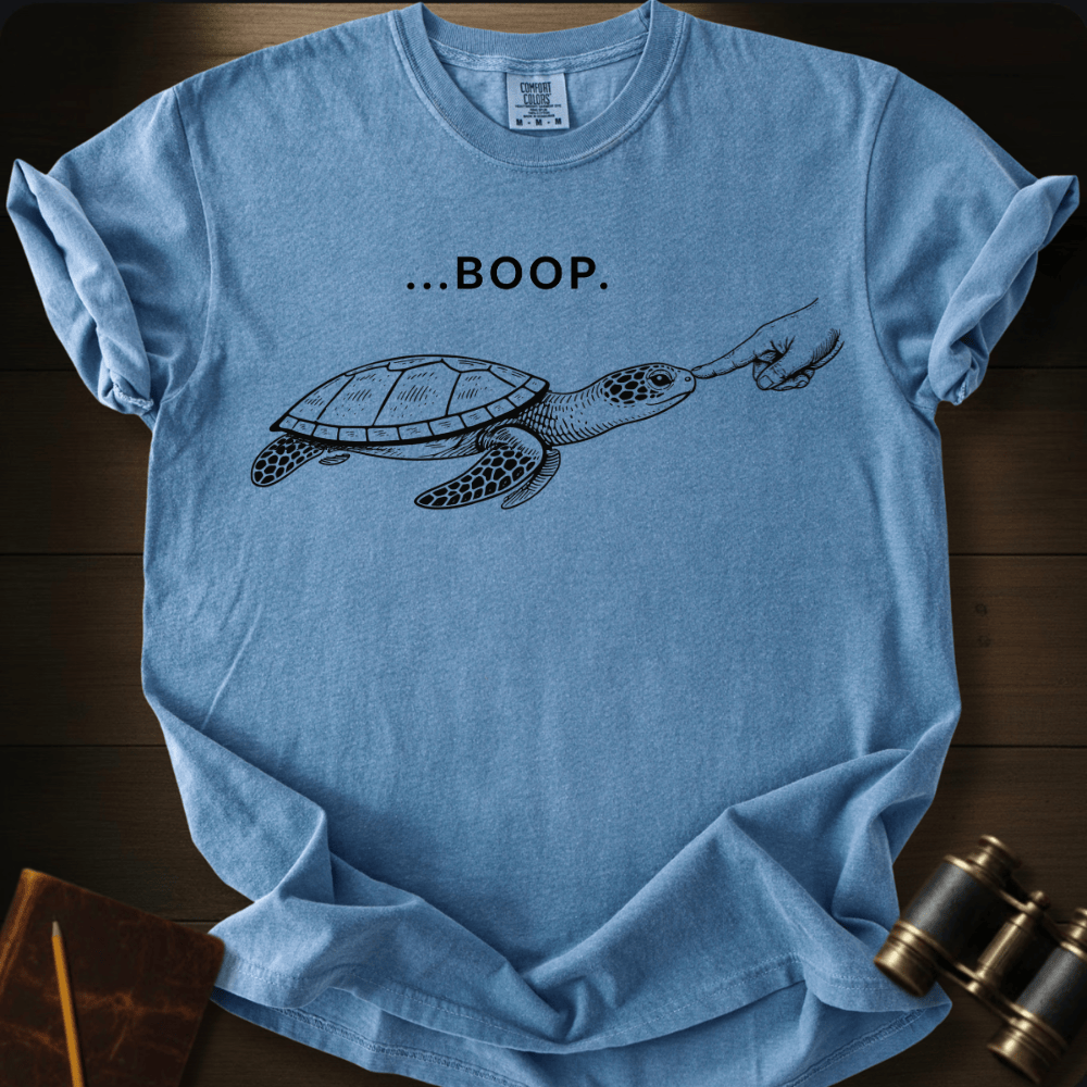 Full Sail Marine Turtle Boop sea turtle graphic Comfort Colors t-shirt in blue jean – cute sea turtle reaching flipper with BOOP text design – front view