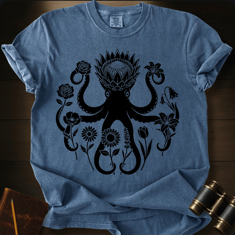 Full Sail Marine Wild Bloom Kraken floral octopus graphic Comfort Colors t-shirt in denim – botanical kraken ocean art design – front view