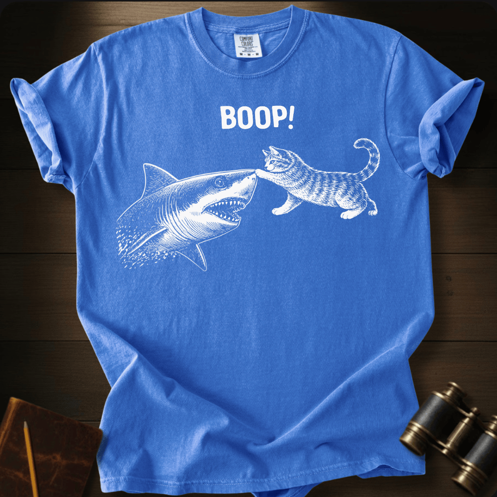 Full Sail Marine Cat Boop shark graphic Comfort Colors t-shirt in flo blue – cat booping great white shark nose – front view