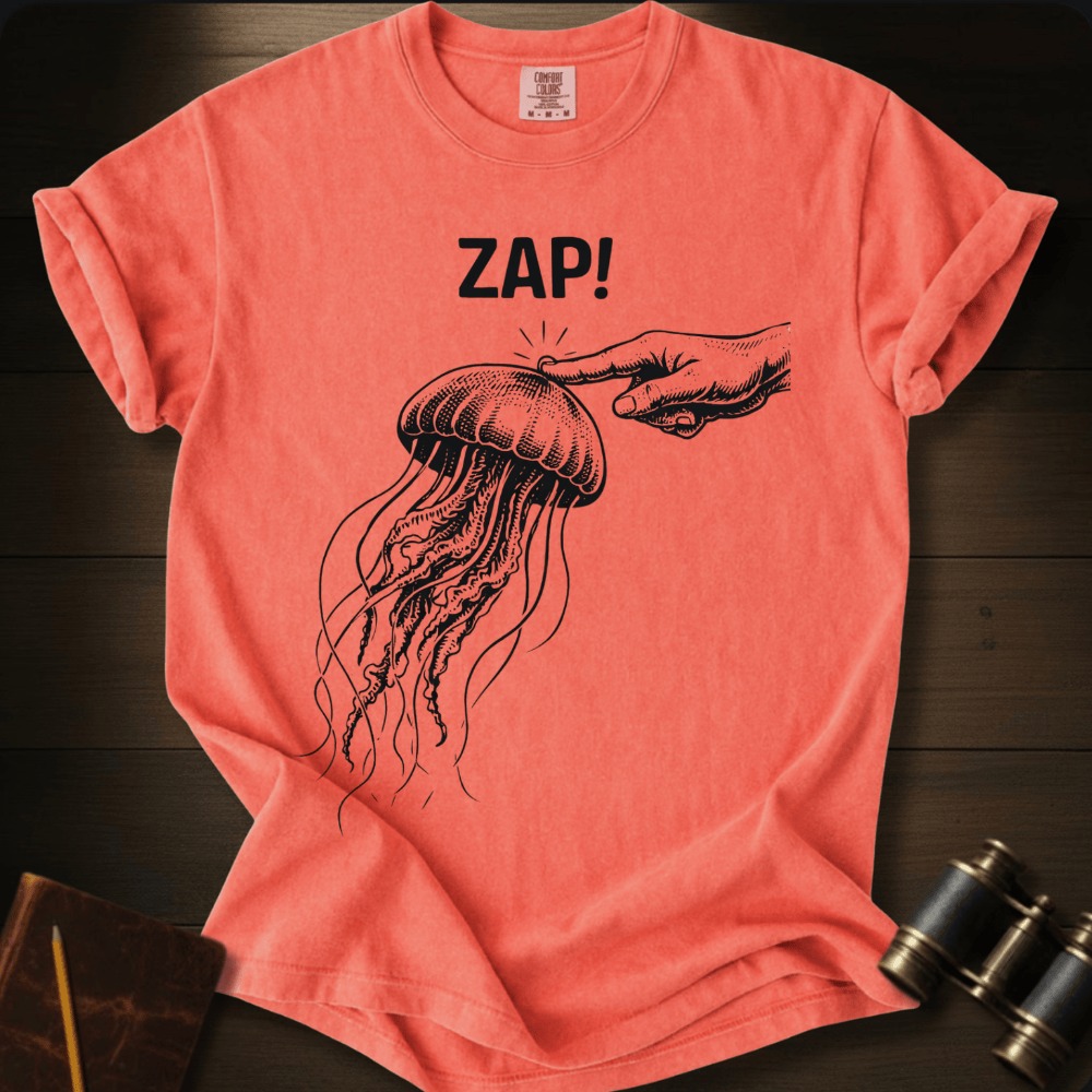 Full Sail Marine Zap! jellyfish graphic Comfort Colors t-shirt in terracotta – navy jellyfish being touched by hand with ZAP text design – front view