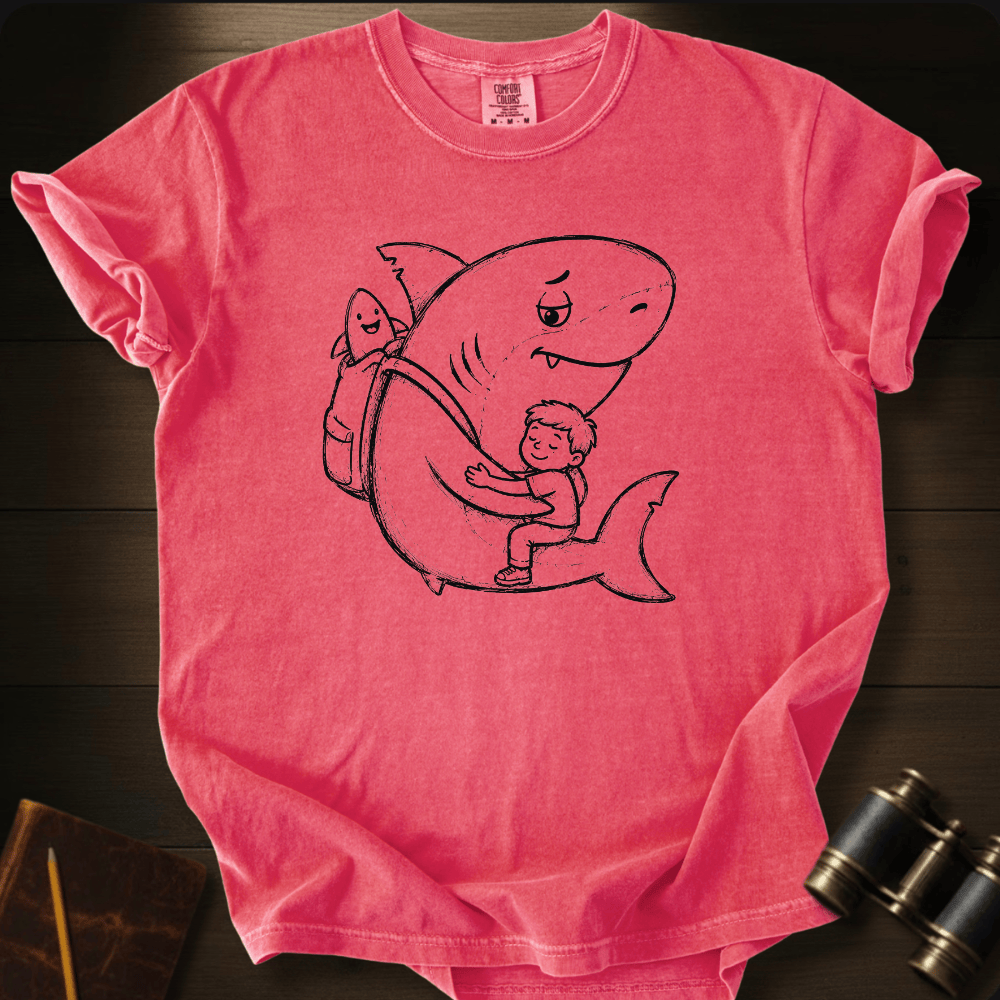 Black outline illustration of a boy hugging a big shark on a mustard Comfort Colors t-shirt, full front view.