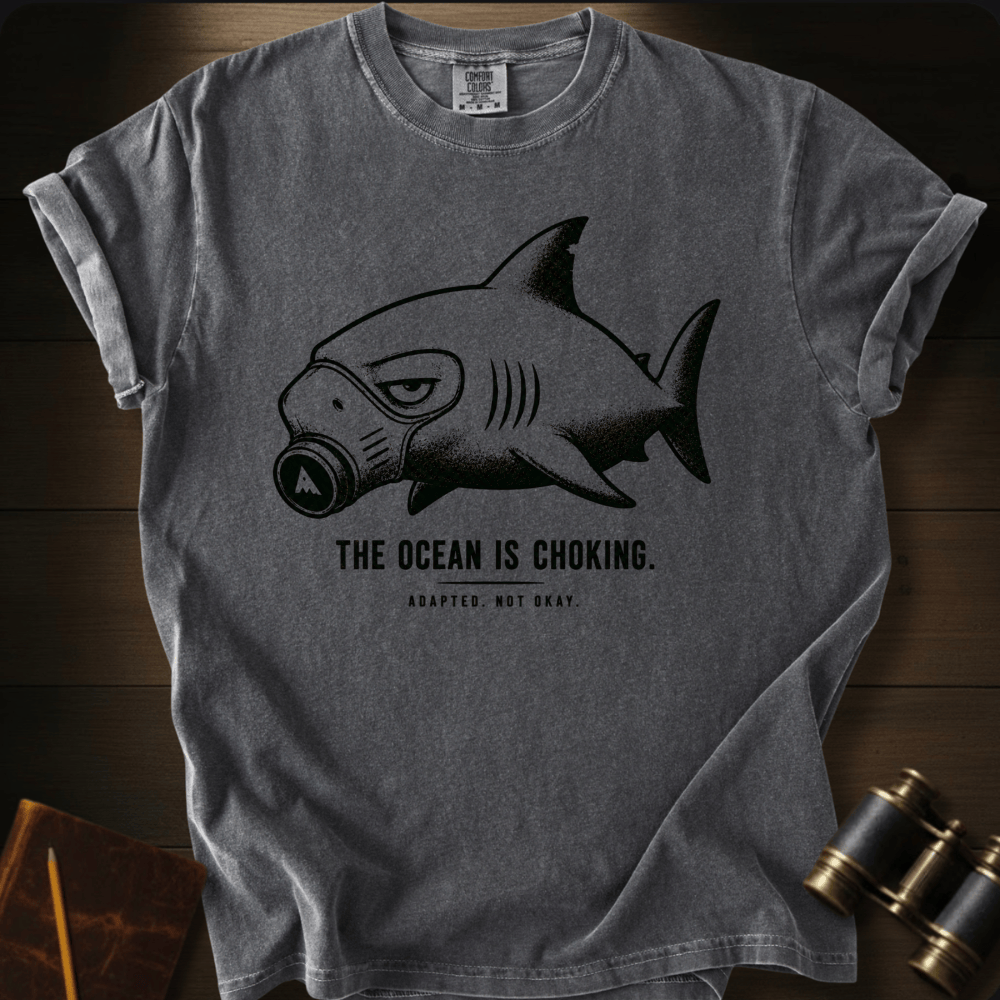 Gas-masked shark line drawing across a pepper grey Comfort Colors tee