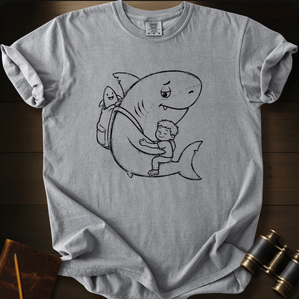 Cute shark t-shirt with a child embracing a gentle shark, sketched in black ink on a mustard-yellow shirt.