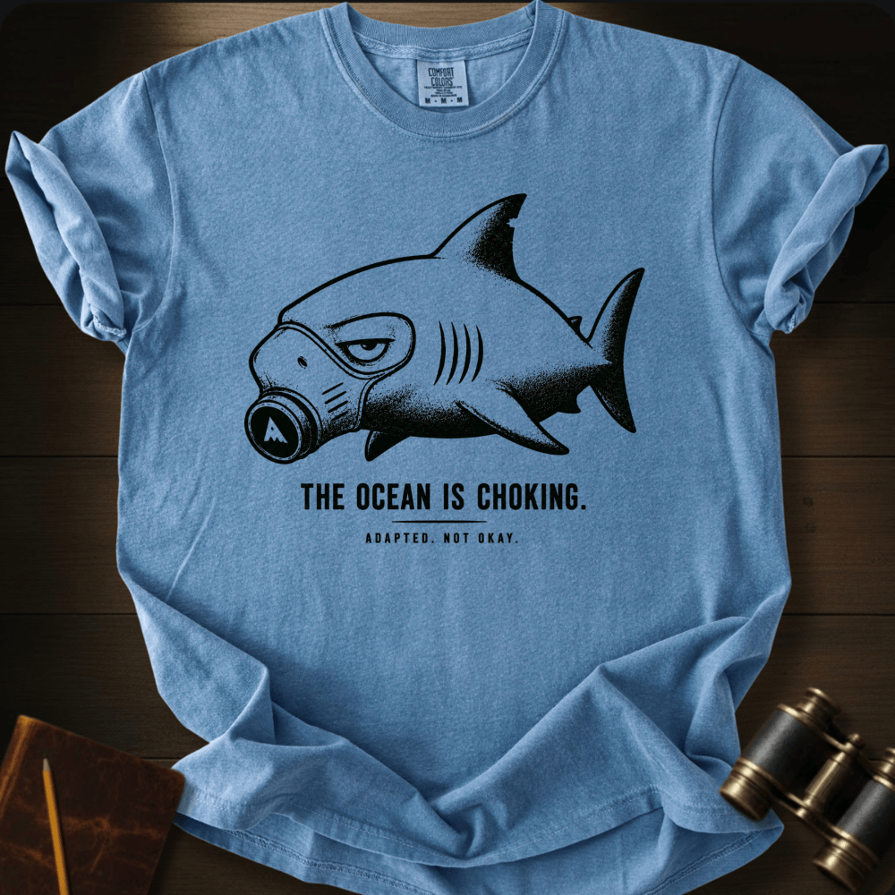Shark in a respirator graphic across the chest of a blue-jean Comfort Colors tee