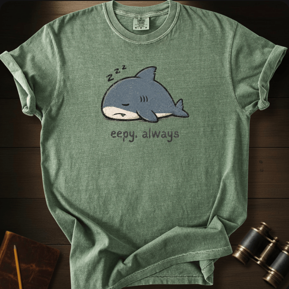 A heather sage green t-shirt featuring a cartoon graphic of a sleeping gray shark with 'zzz' above it and the text 'eepy. always' below, displayed on a dark wooden background with vintage-style binoculars and a notebook.