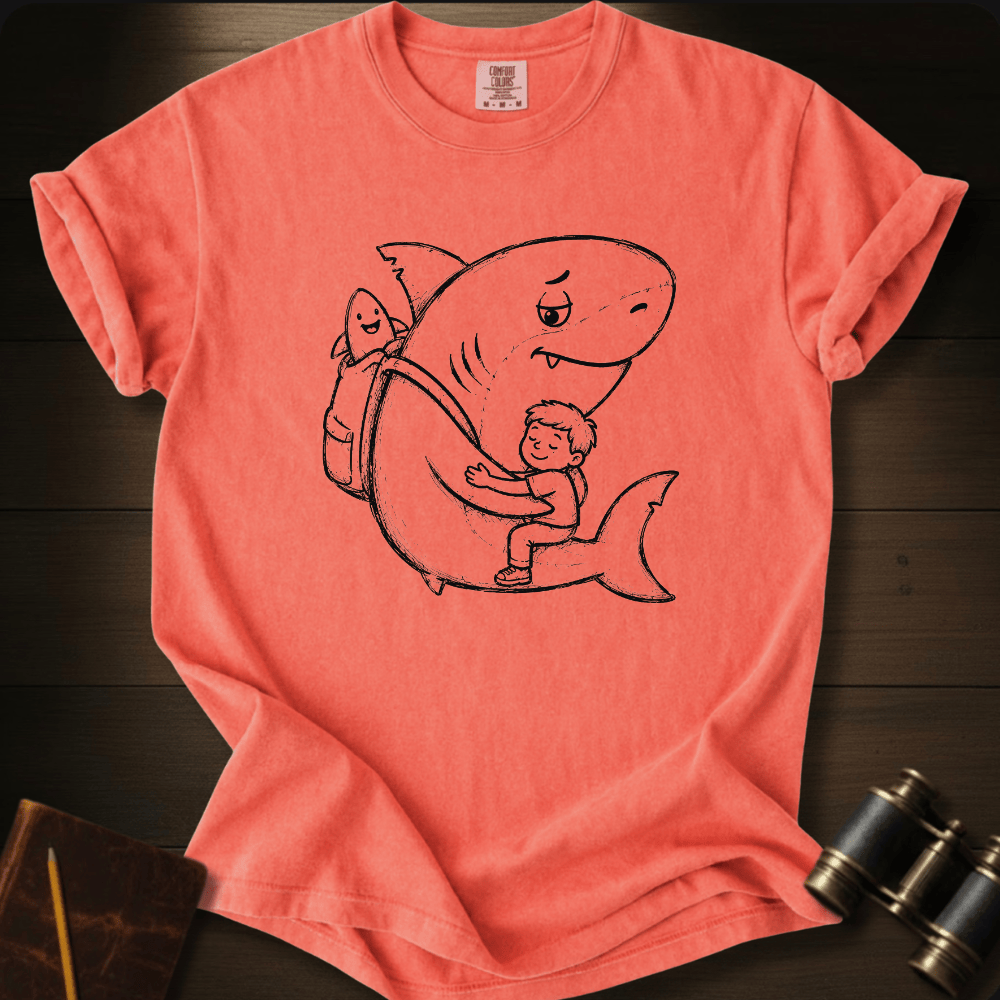 Wholesome boy-and-shark line drawing on a heavyweight Bright Salmon Comfort Colors short-sleeve tee.