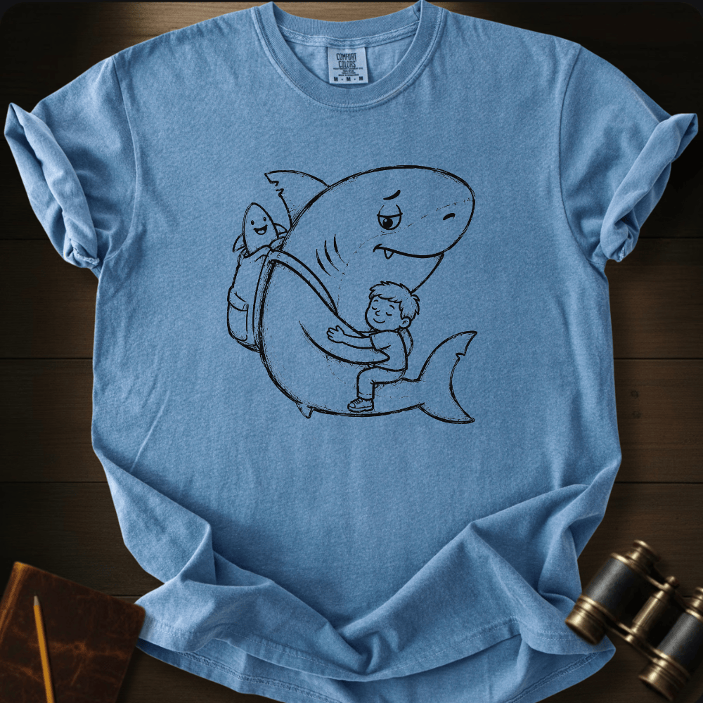 Minimalist line-art shark being hugged by a little kid on a golden mustard garment-dyed t-shirt, flat lay.
