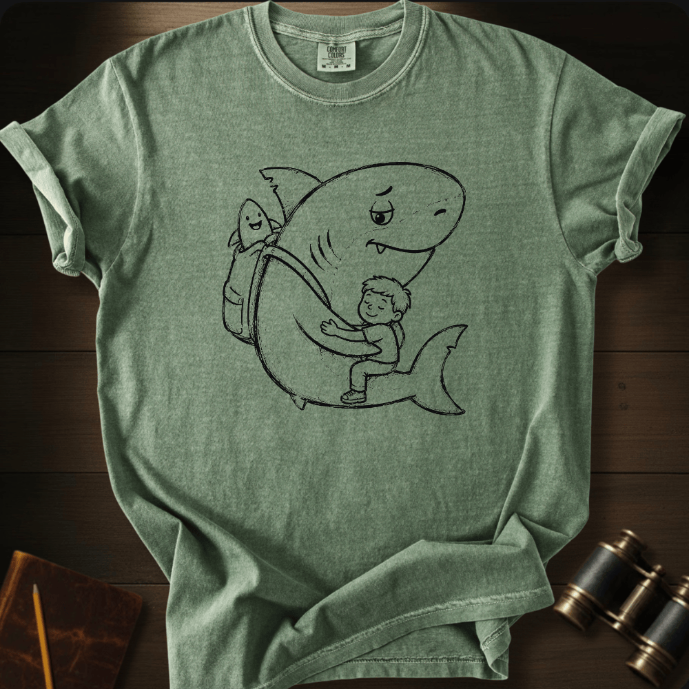 Hand-drawn shark hug scene with a baby shark passenger on a moss Comfort Colors tee laid on dark wood.