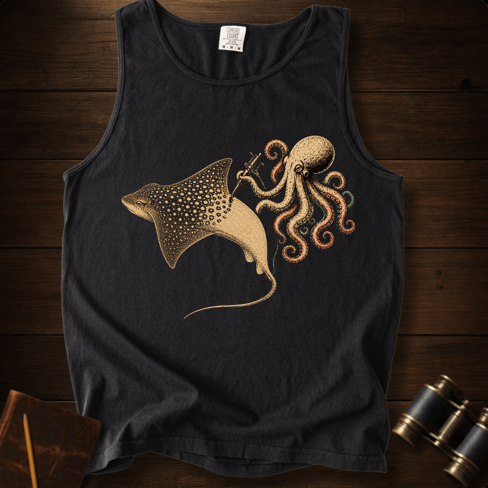 Vintage octopus and eagle ray tank top in soft Comfort Colors cotton. A breezy ocean gift for divers—each tank helps remove sea plastic. Shop 4 colors.