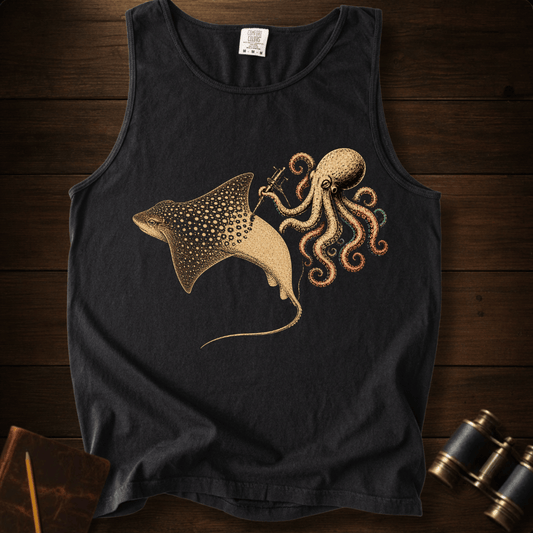 Vintage octopus and eagle ray tank top in soft Comfort Colors cotton. A breezy ocean gift for divers—each tank helps remove sea plastic. Shop 4 colors.