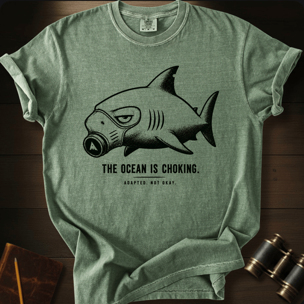 Distressed masked-shark artwork on a moss green Comfort Colors t-shirt, front view