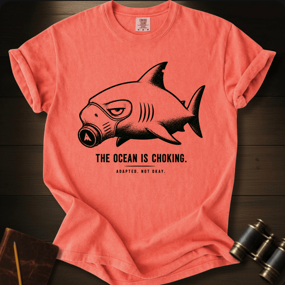 Hand-drawn masked shark design centered on a coral Comfort Colors t-shirt