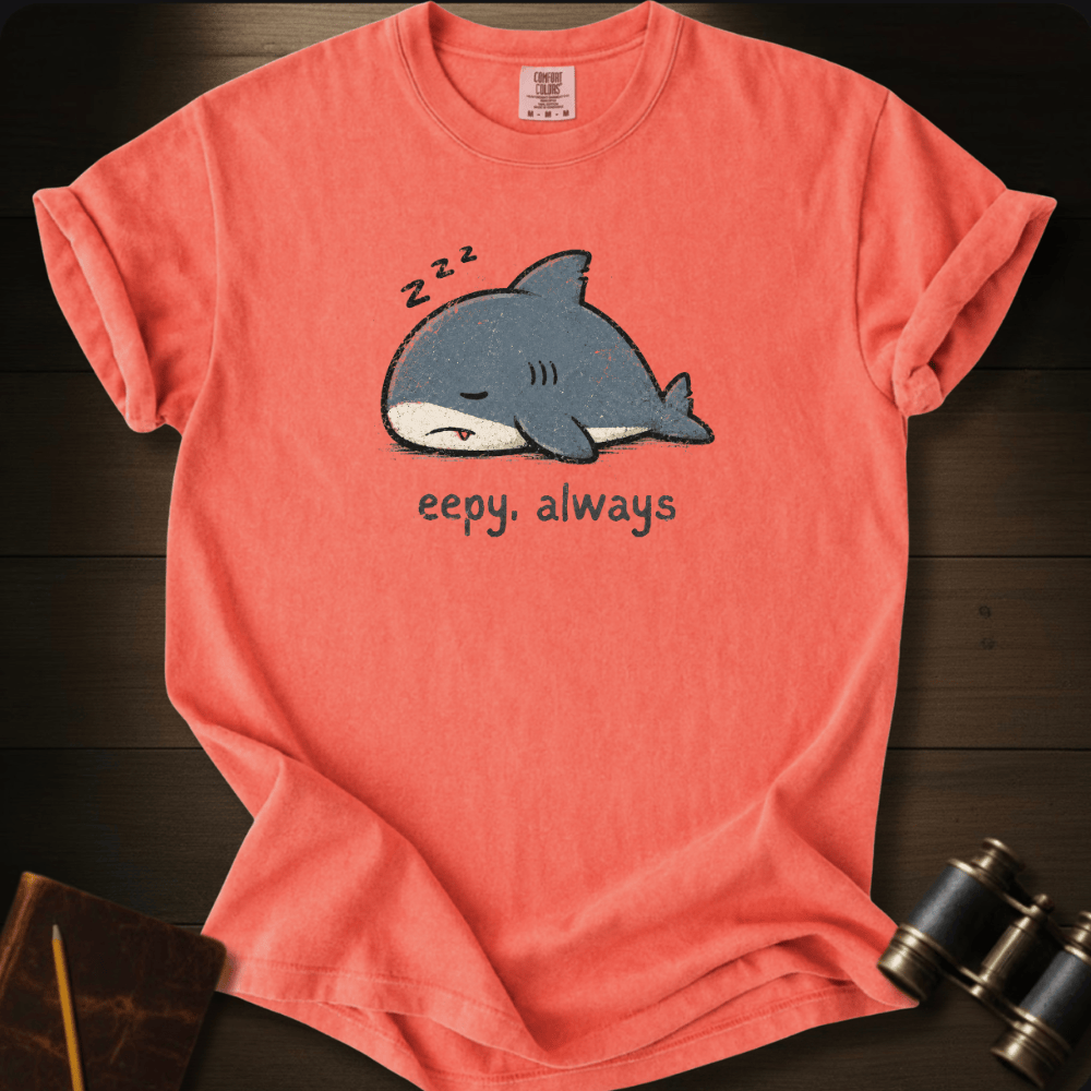 A coral pink short-sleeve t-shirt laid flat on a dark wood background, featuring a cartoon sleeping shark graphic with 'z-z-z' above it and the text 'eepy, always' below.