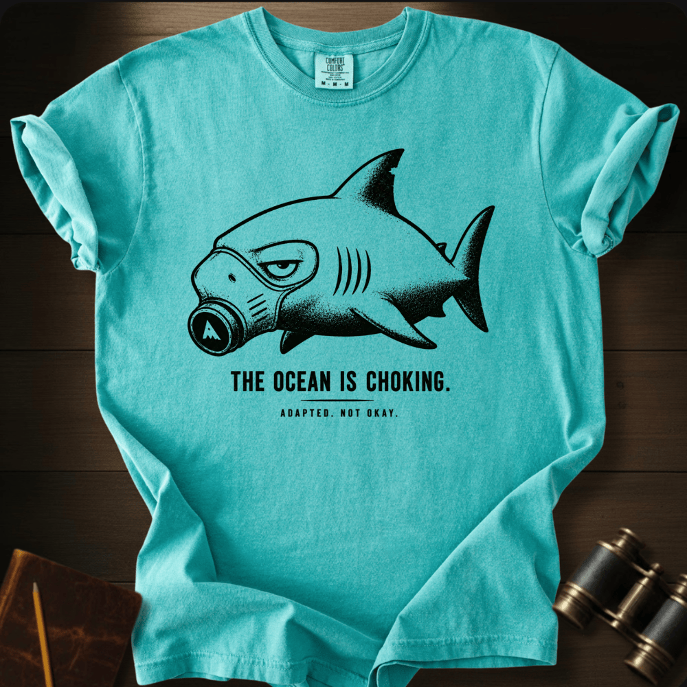 Shark wearing breathing apparatus printed on a chalky mint Comfort Colors tee
