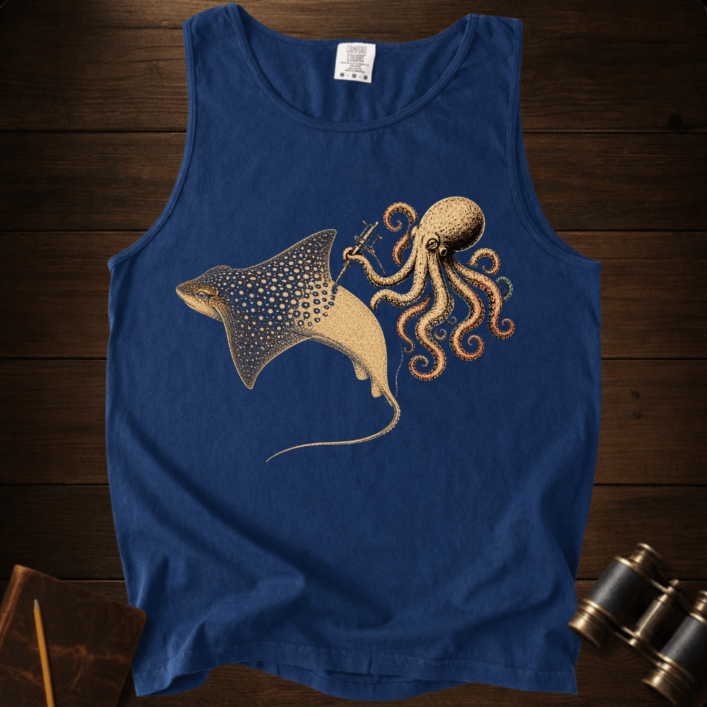 Vintage octopus and eagle ray tank top in soft Comfort Colors cotton. A breezy ocean gift for divers—each tank helps remove sea plastic. Shop 4 colors.