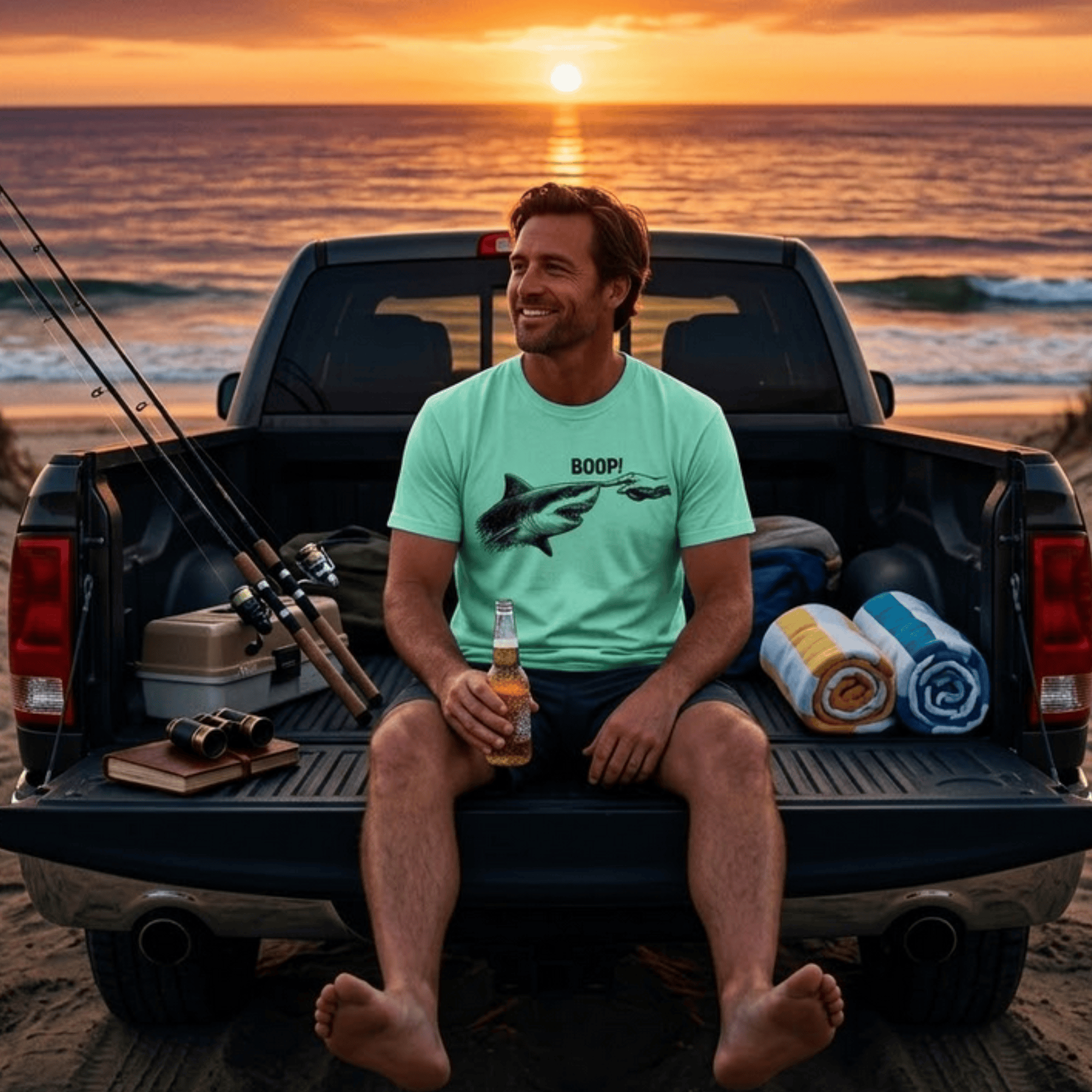 Man wearing FullSailMarine's BOOP shark graphic tee in mint, sitting on a pickup tailgate at sunset with fishing rods and beach towels — ocean lifestyle apparel for men.