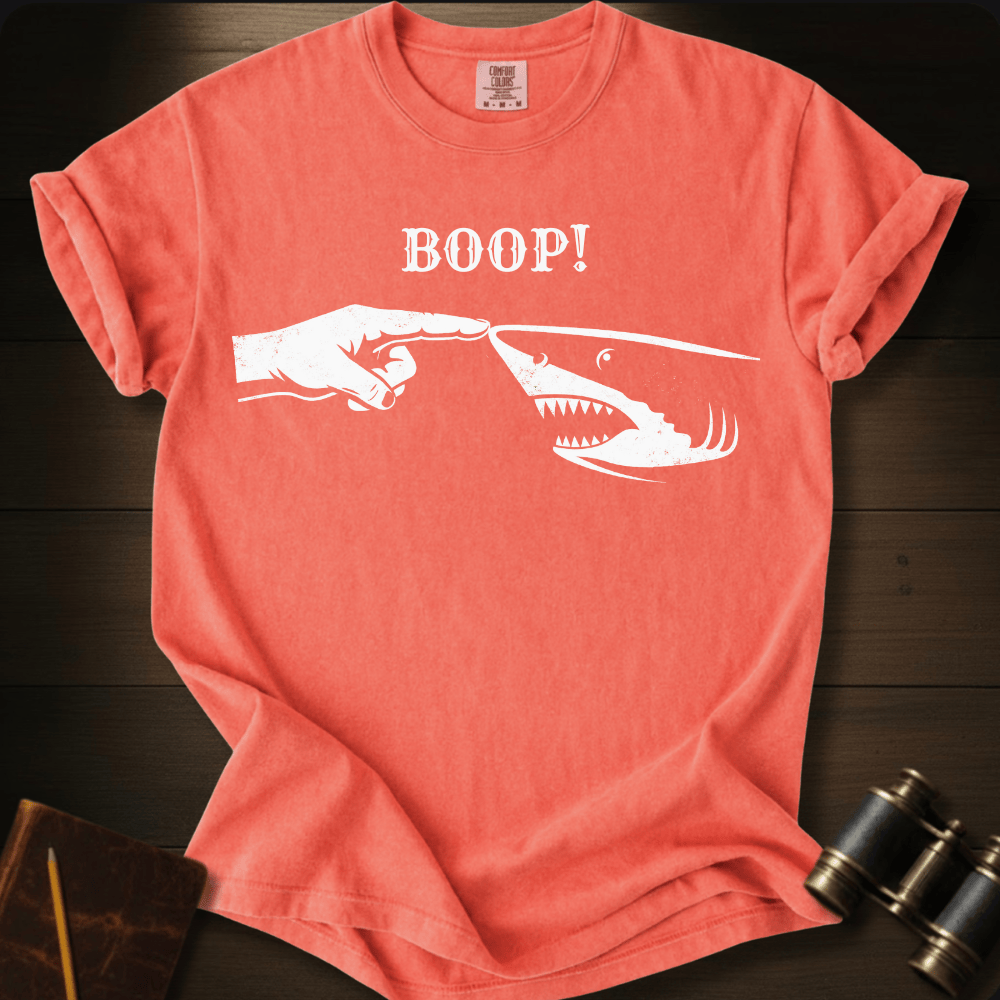 Full Sail Marine Boop shark nose touch graphic Comfort Colors t-shirt in Bright Salmon – great white shark booping finger ocean art funny design – front view