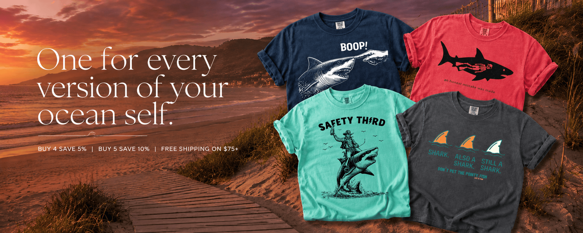 Full Sail Marine shark t-shirt collection — Boop, An Honest Mistake, Safety Third, and Don't Pet the Pointy Fish Comfort Colors tees on a sunset beach