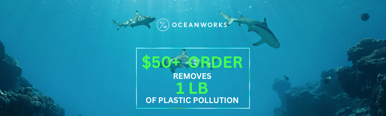 FullSailMarine + Oceanworks partnership banner — reef sharks swimming over coral reef with the message 'Every $50+ order removes 1 lb of plastic pollution from the ocean.'